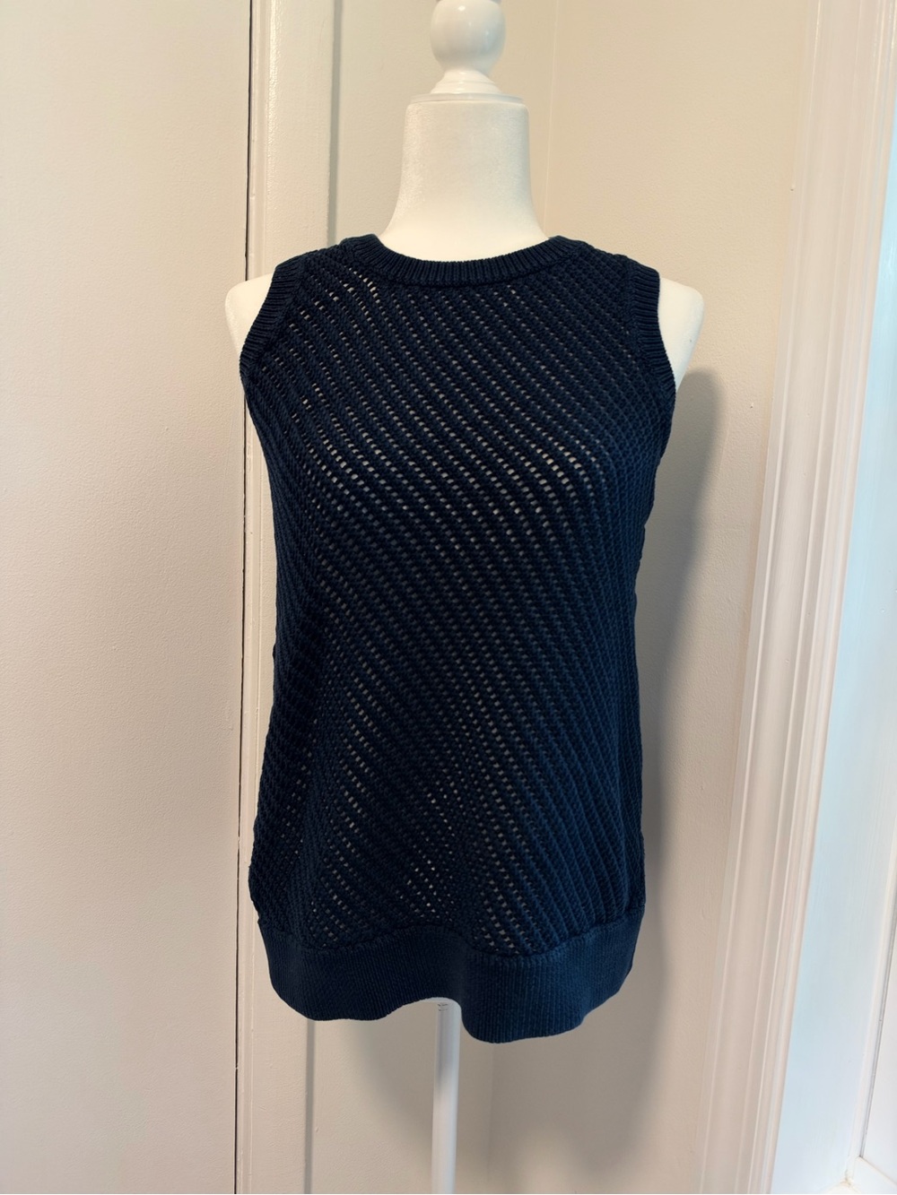 Vince Coastal Cotton Open Knit Sleeveless Sweater Tunic Navy S